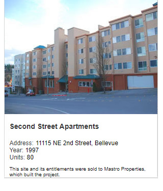 Photo of Second Street Apartments. Address: 11115 NE 2nd Street, Bellevue. Year: 1997. Units: 80. Note: This site and its entitlements were sold to Maestro Properties, which built the project.